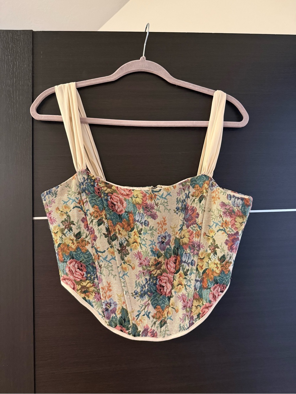 Altar'd State Floral Tapestry Corset Crop Top — Multicolor with Cream Straps